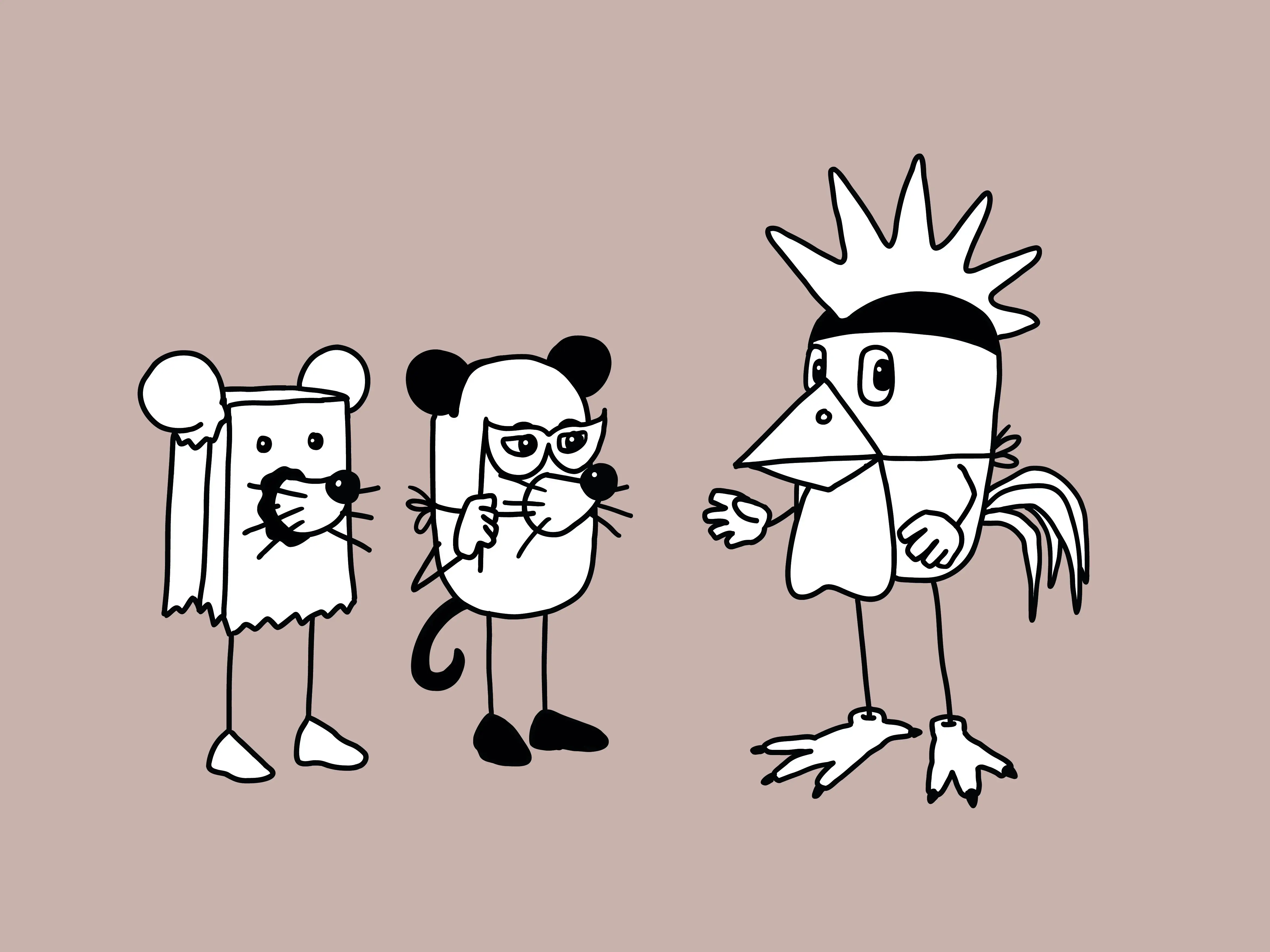Schwarz-Weiße Illustration dreier Figuren in Verkleidung (zwei Mäuse und ein Hahn) auf einem rosa Hintergrund. Titelbild für das siebte Kinderkonzert.