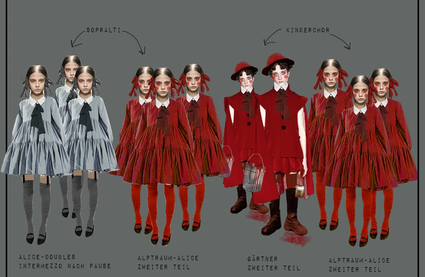 Figurinen von Alice und Chormitgliedern, ganz in rot gekleidet.