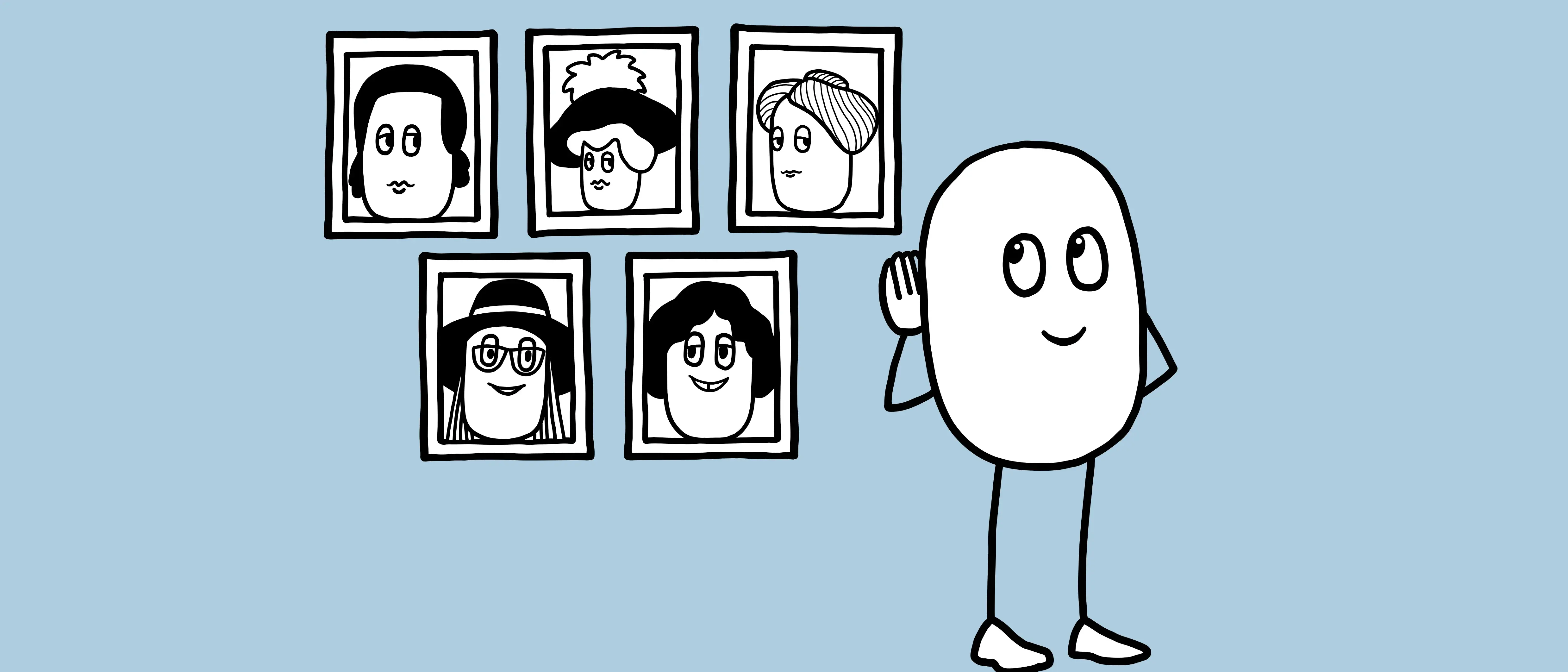 Schwarz-Weiße Illustration auf hellblauem Hintergrund von einer eiförmigen Figur, die die Hand am Ohr hat und zuhört. Sie steht vor Bilderrahmen, in dem Bilder von weiblich gelesene Personen drin sind.Vorschaubild