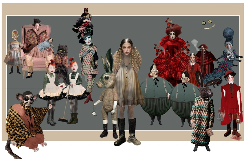 Collage von Figurinen aus der Produktion »Alice im Wunderland«.