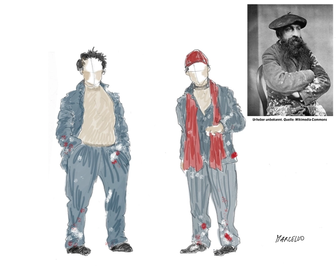 Marcello, gezeichnet in blauer Kleidung und mit roter Mütze und rotem Schal.