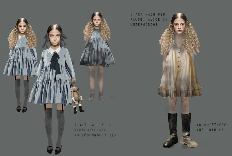 Vier Figurinen zu dem Charakter Alice. Links sind drei, die unterschiedlich ordentlich angezogen sind. Rechts eine Figurine von Alice mit zerzausten Haaren und schlichem Kleid.