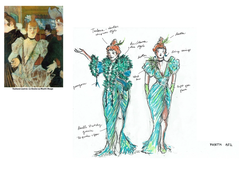 Musetta, gezeichnet in opulentem grünen Kleid.