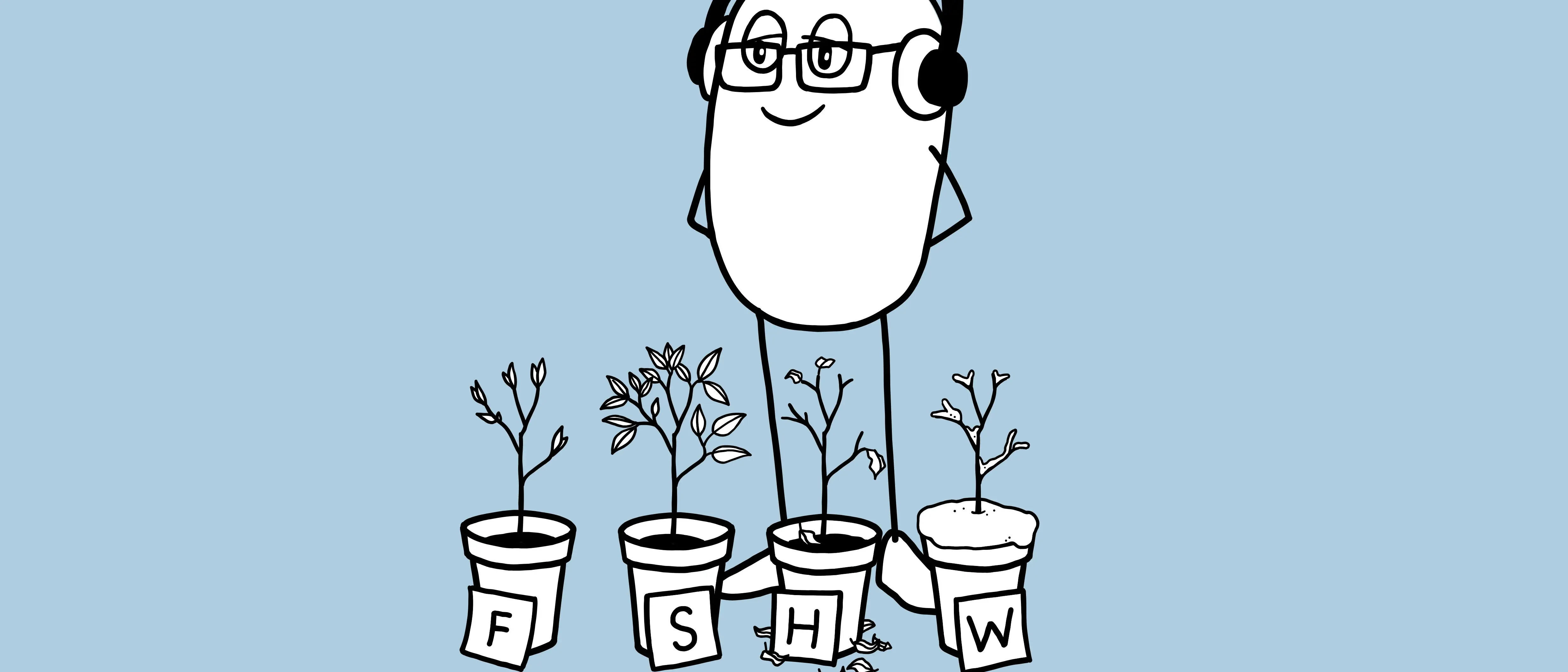 Schwarz-Weiße Illustration auf hellblauem Hintergrund von einer eiförmigen Figur mit Brille und Kopfhörern. Sie steht vor vier Pflanztöpfen, jeweils gekennzeichnet mt F,S,H,W für die Jahreszeiten. Die Pflanzen in den Töpfen sind jeweils der Jahreszeit angepasst. Vorschaubild. 