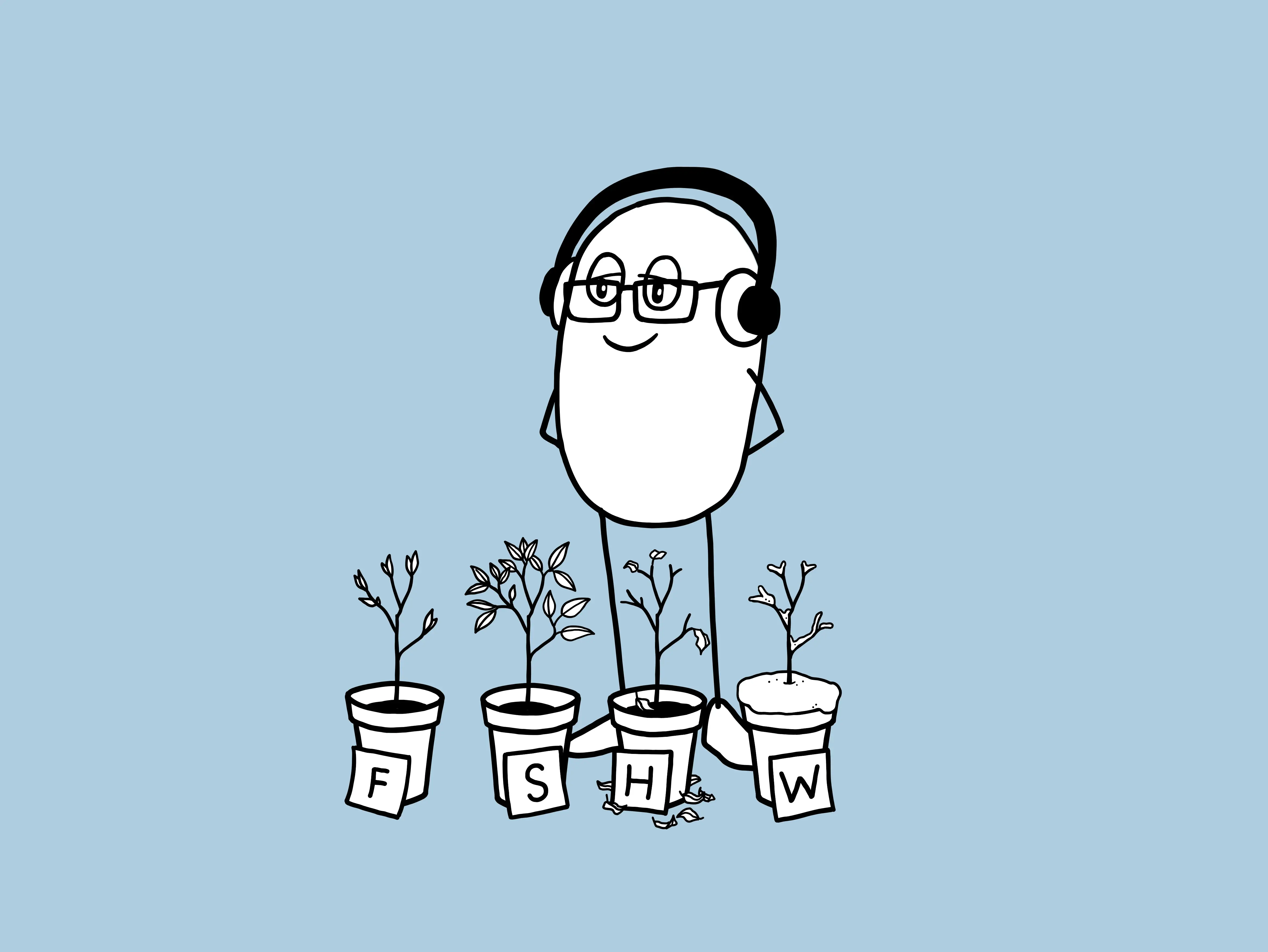 Schwarz-Weiße Illustration auf hellblauem Hintergrund von einer eiförmigen Figur mit Brille und Kopfhörern. Sie steht vor vier Pflanztöpfen, jeweils gekennzeichnet mt F,S,H,W für die Jahreszeiten. Die Pflanzen in den Töpfen sind jeweils der Jahreszeit angepasst. Vorschaubild. 